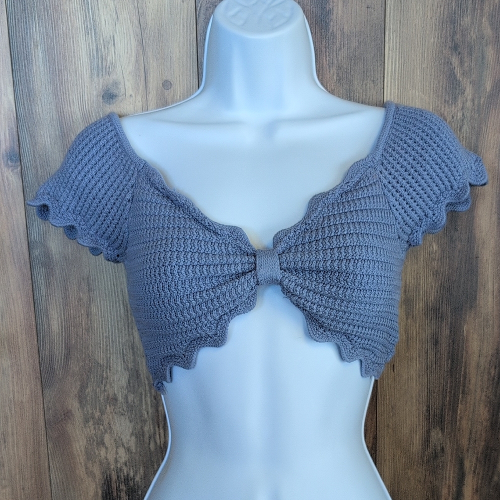 Zara Blue Knit Crochet Fitted Crop Top S              Q176